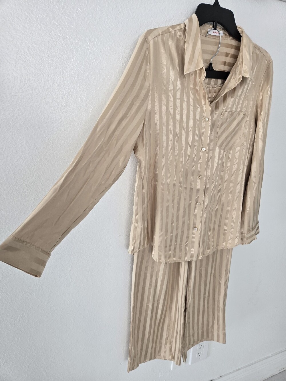 Aimer Silky Striped Pajama Set in Champagne Size Small - Picture 6 of 16